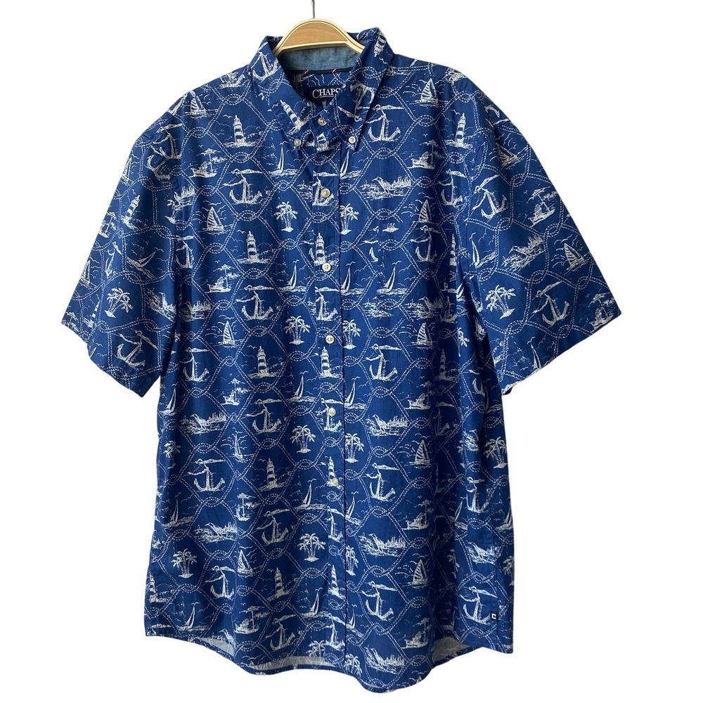CHAPS Nautical All Over Print Sailboat Shirt Men XL Blue Short Sleeve Button Up